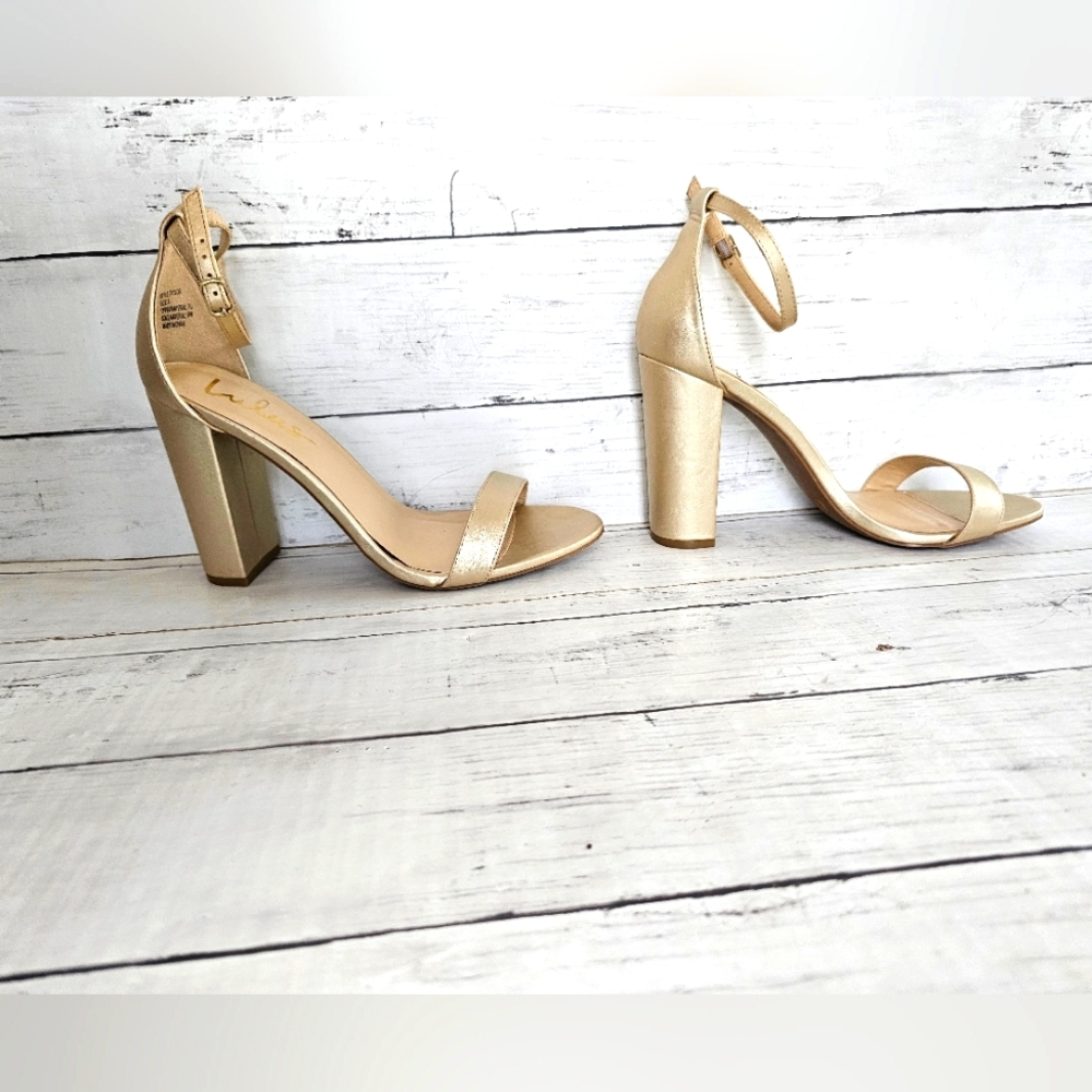 Lulus Dressy Taylor Metallic Champagne Gold Block Ankle Strap Chunky Heels - Picture 5 of 11